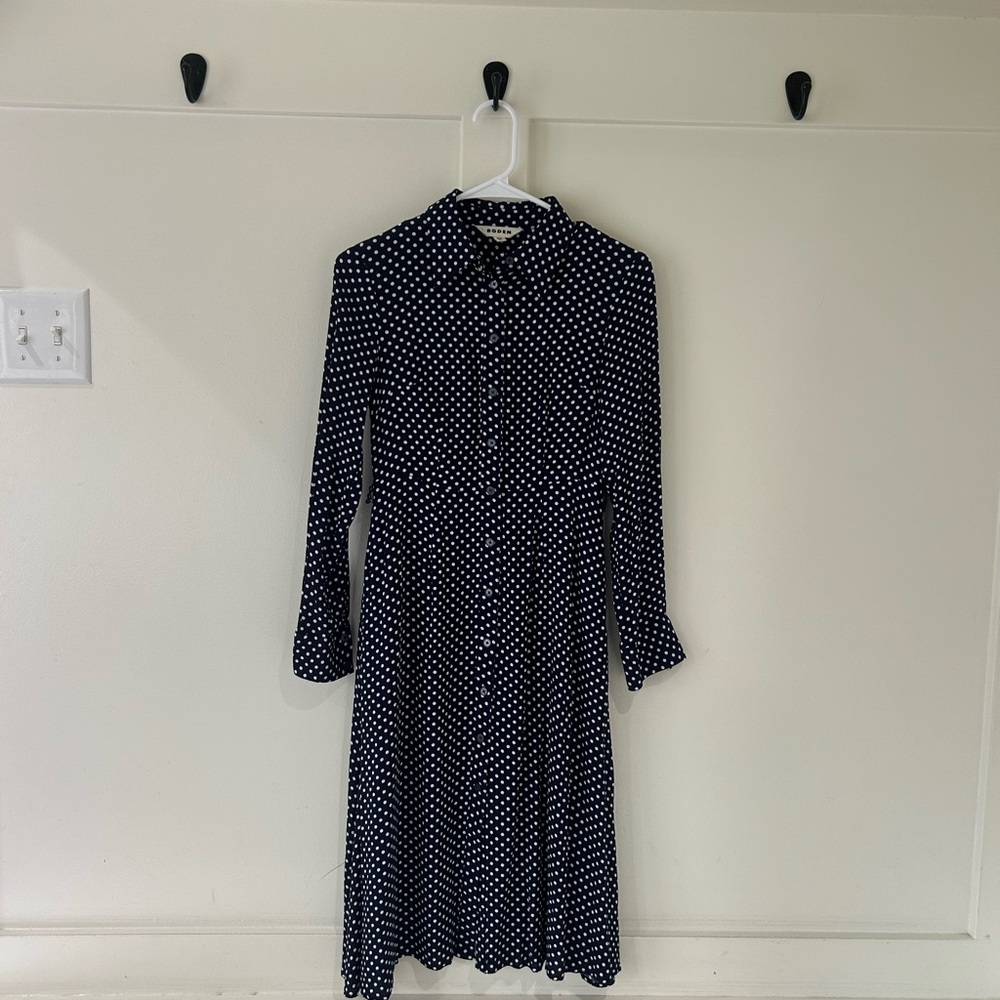 Boden Navy and White Polka Dot Long Sleeve Dress